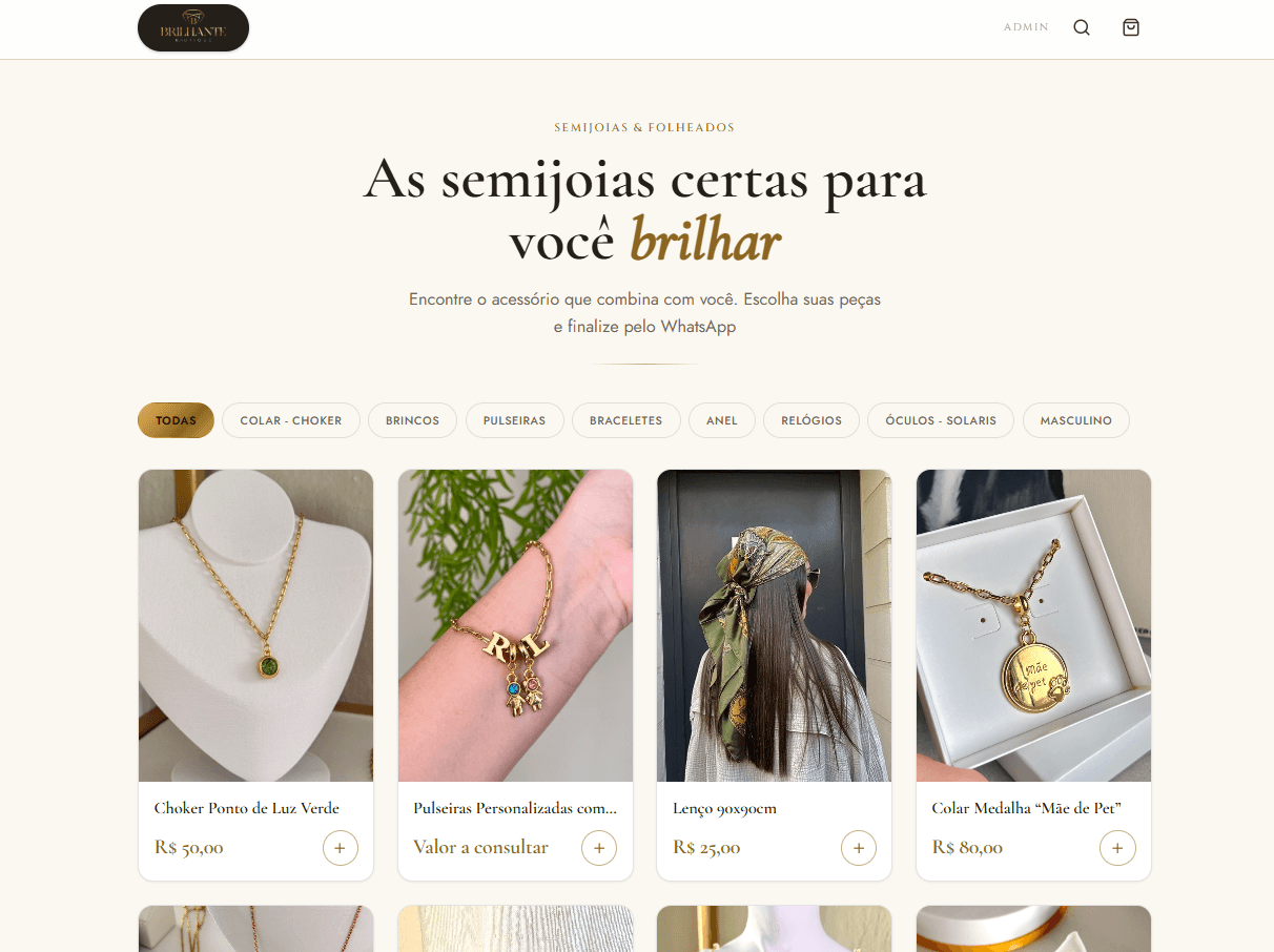 Catálogo digital da Brilhante Boutique — semijoias e folheados, com vitrine de produtos
